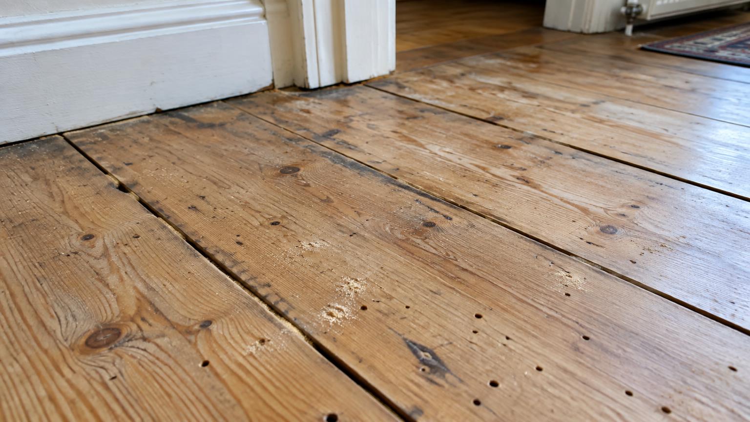 Floorboards with small round woodworm exit holes