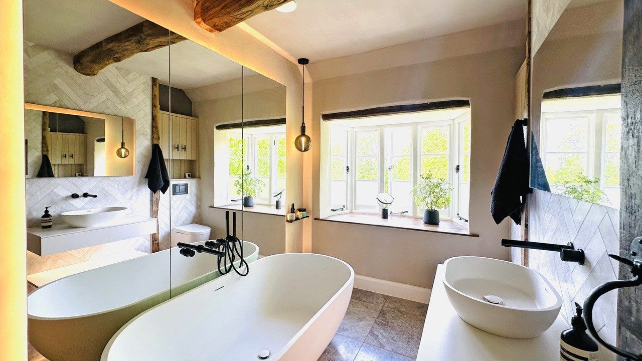 Finished bathroom with a freestanding bath