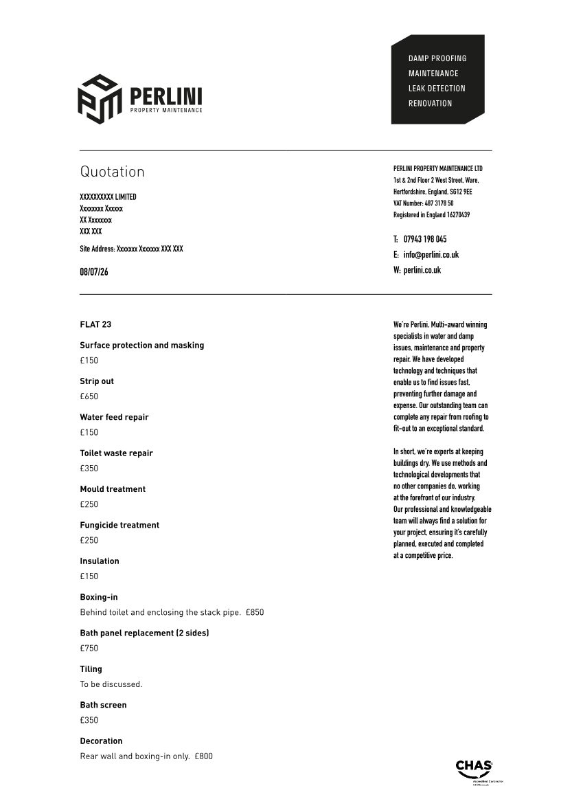 Sample report page showing the itemised quotation
