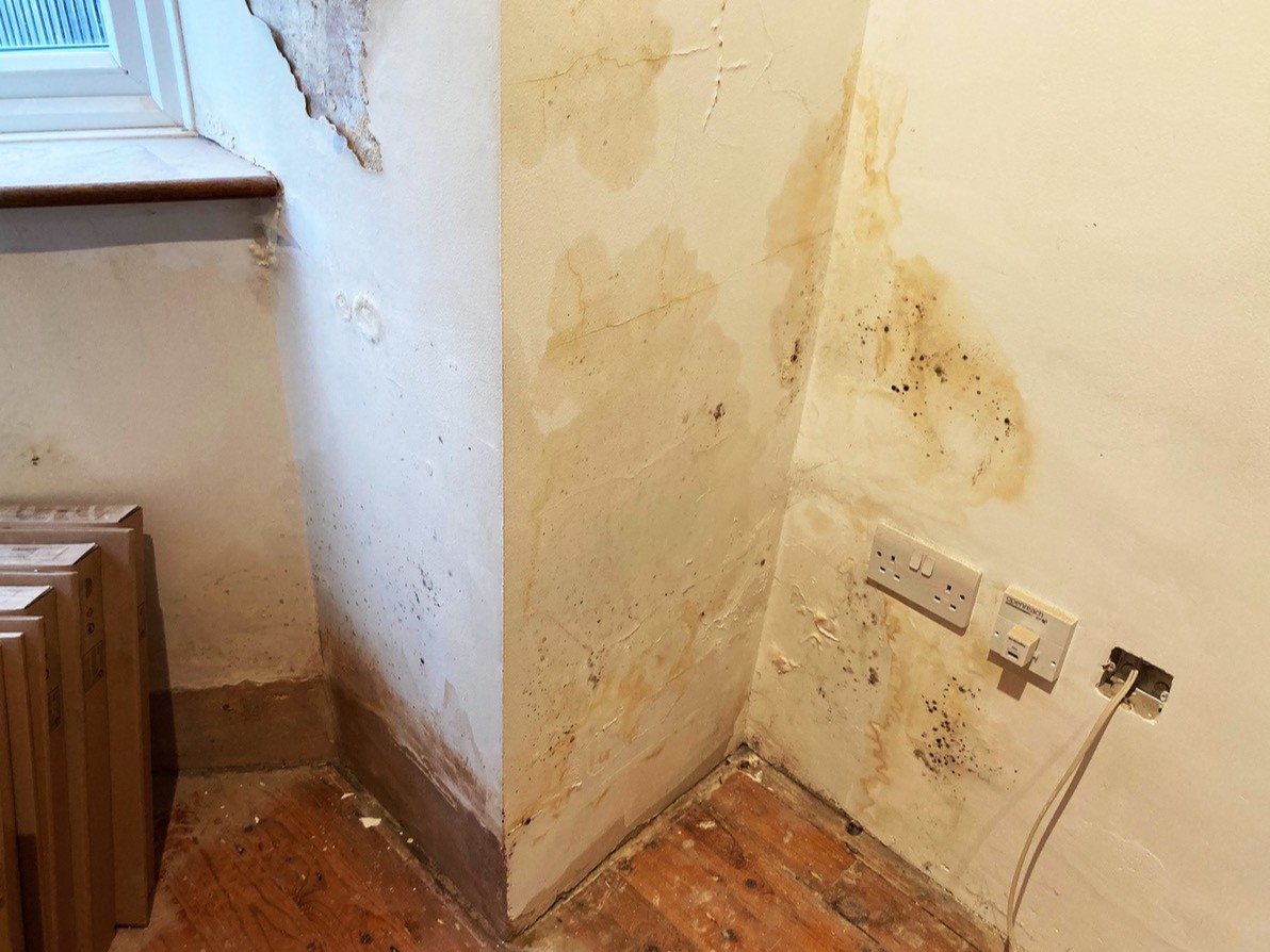 Water damage and mould in the corner of a room