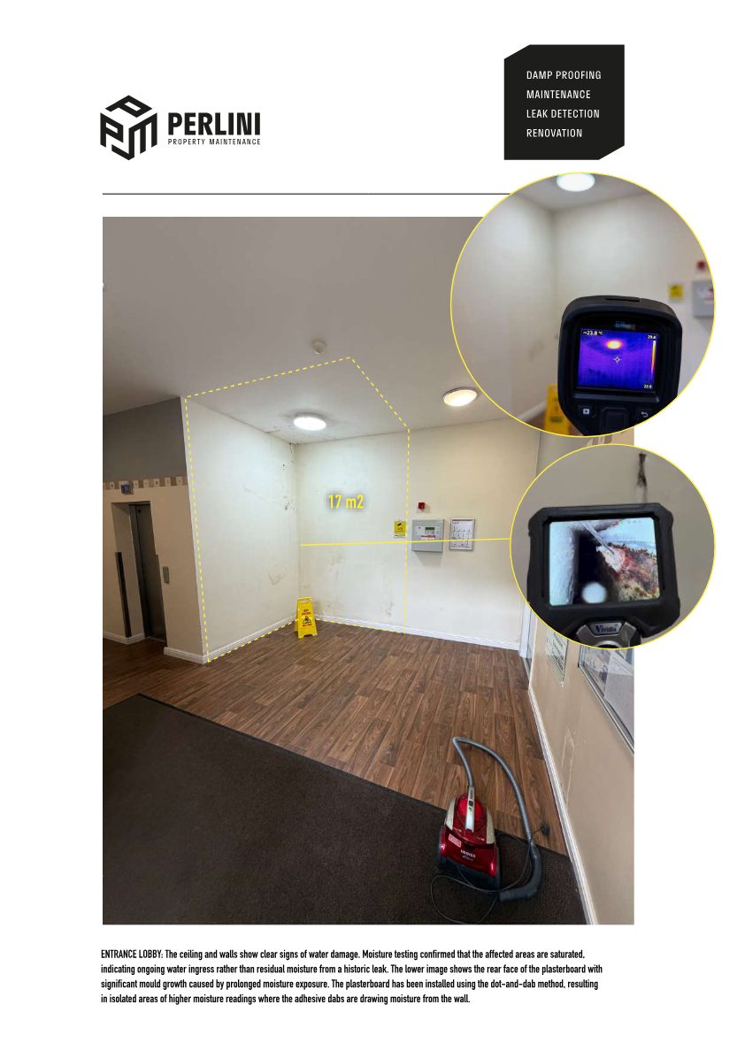 Sample report page showing the damaged entrance lobby with thermal and borescope images