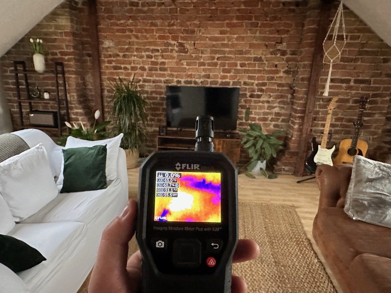 Thermal moisture meter being used in a living room