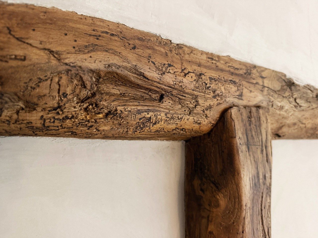 Woodworm holes in an old timber beam