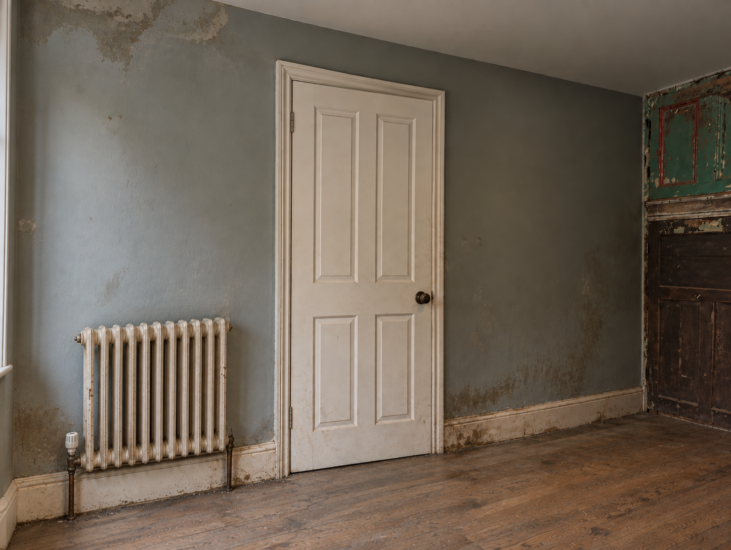 Room with damp-affected wall stripped back before treatment
