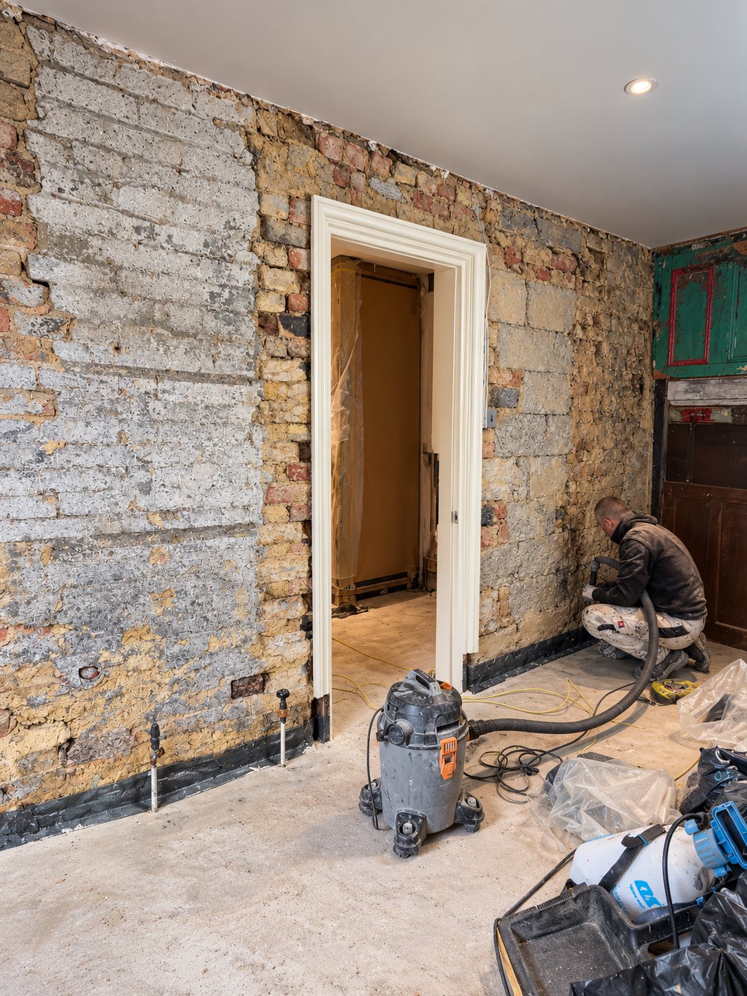Perlini team removing damp render from a wall