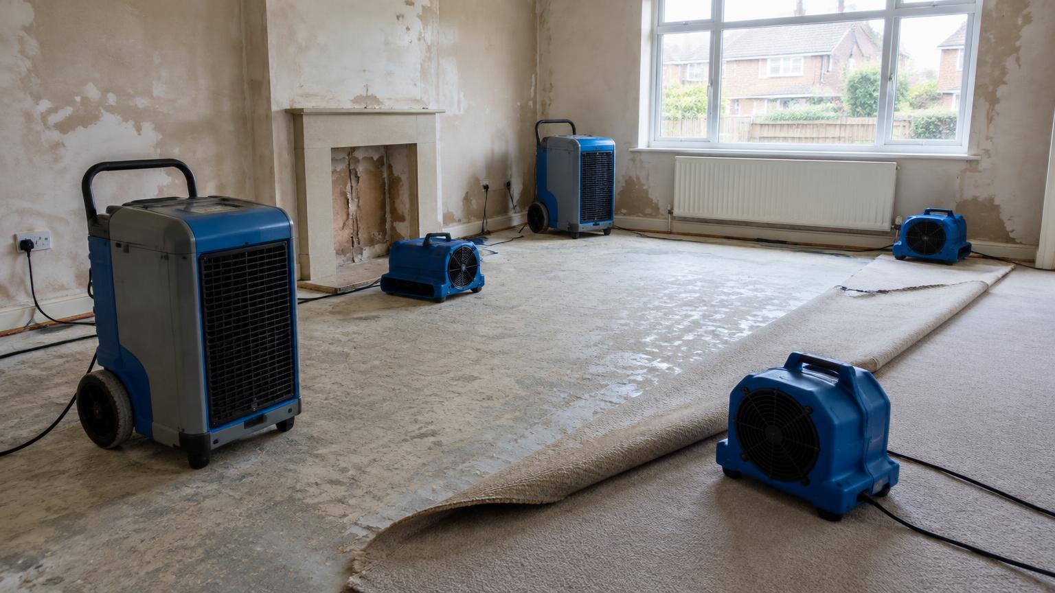 Dehumidifiers and air movers drying a room